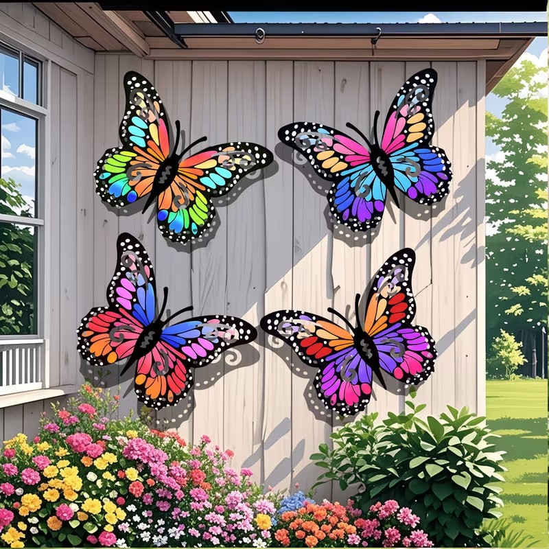 Bonsai Garden Ornaments - 4pcs Colorful metal butterfly statue wall