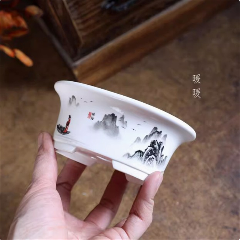 Bonsai Garden Desk - Porcelain White Oval Bonsai Pot,Mini Pot,Round,Small