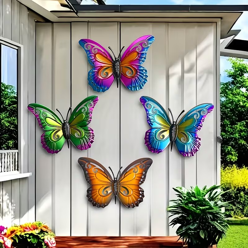 Bonsai Garden Ornaments - 4pcs Colorful metal butterfly statue wall